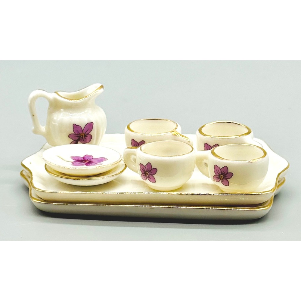 Lefton‎ Miniature Tea Set White Purple Floral Gold Trim 00617